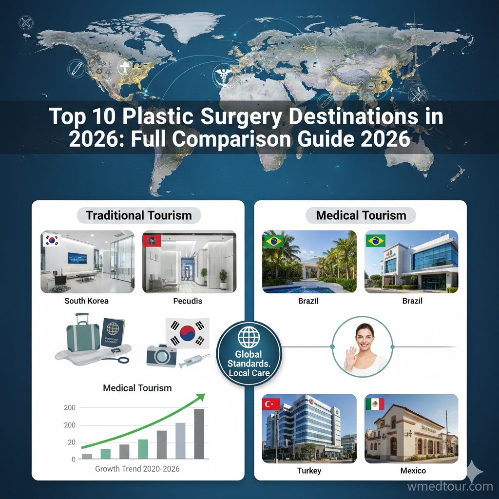 Infographic showing a global map and comparison of top medical tourism destinations, including South Korea, Brazil, Turkey, and Mexico, highlighting both traditional tourism and medical facilities, with a growth trend chart from 2020-2026.