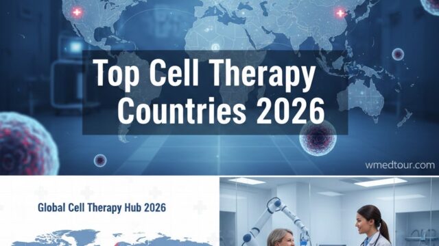 A futuristic medical lab background with a digital world map and 3D stem cells, titled Top Cell Therapy Countries 2026.