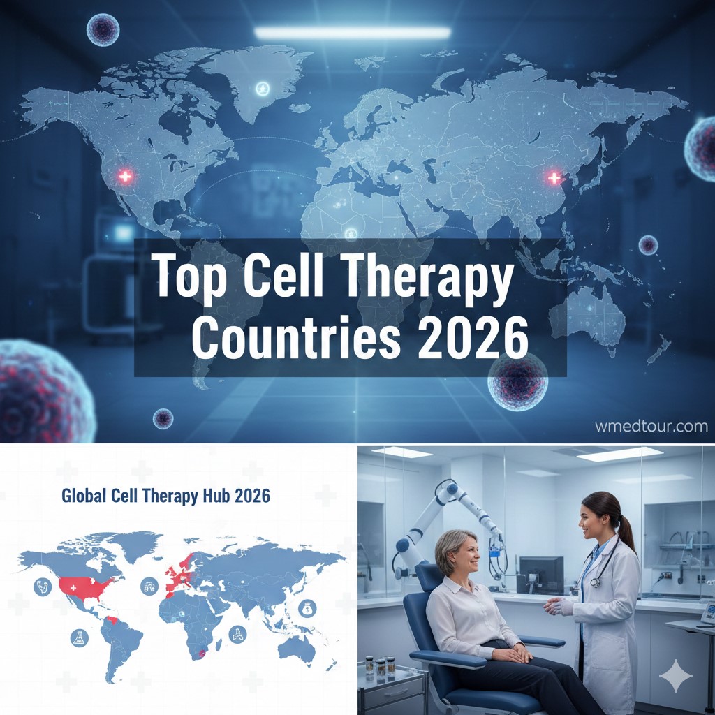 A futuristic medical lab background with a digital world map and 3D stem cells, titled Top Cell Therapy Countries 2026.