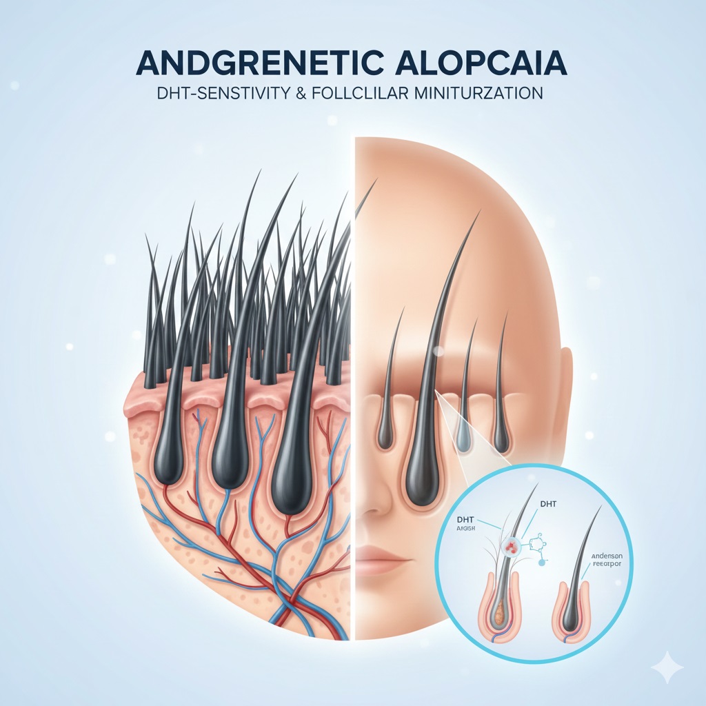 UnderstandiDiagram showing the progression of hair thinning (alopecia) on both a male (receding hairline and crown thinning) and a female (widening part) scalp, with microscopic views of miniaturized hair follicles.ng Androgenetic Alopecia (Male and Female Pattern Hair Loss)