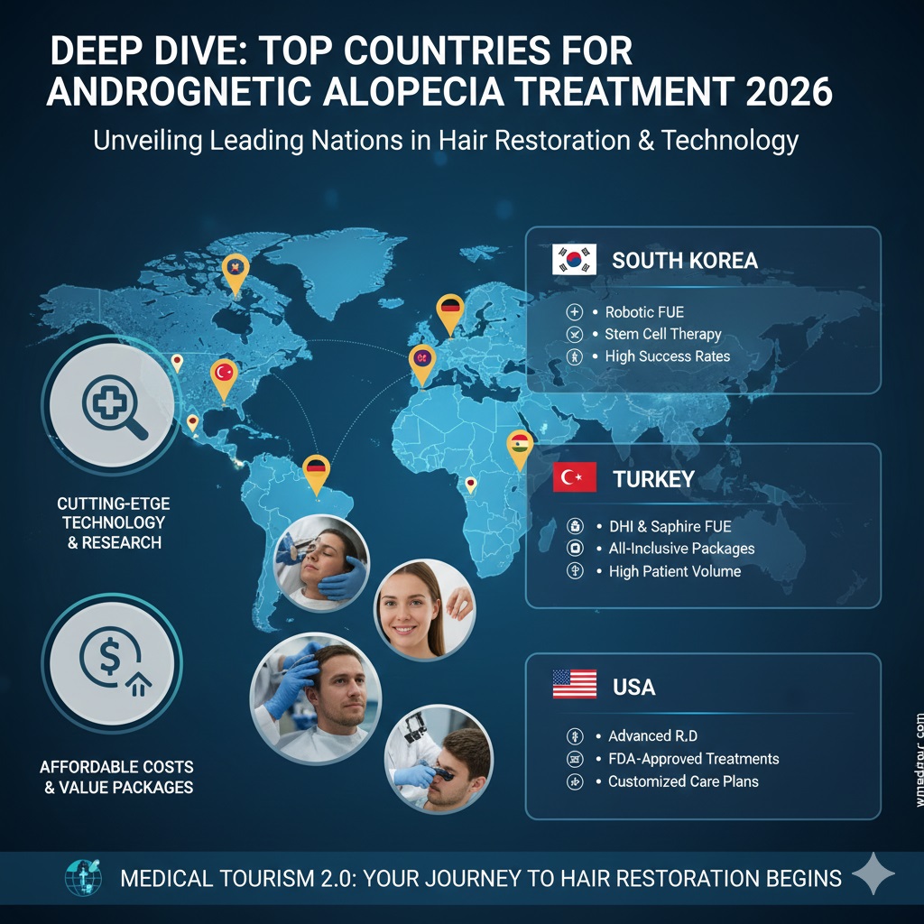 A detailed comparison graphic showing flag icons of key countries (e.g., Turkey, South Korea, India, Mexico) juxtaposed with cost savings percentages and indicators of quality for hair transplant procedures.