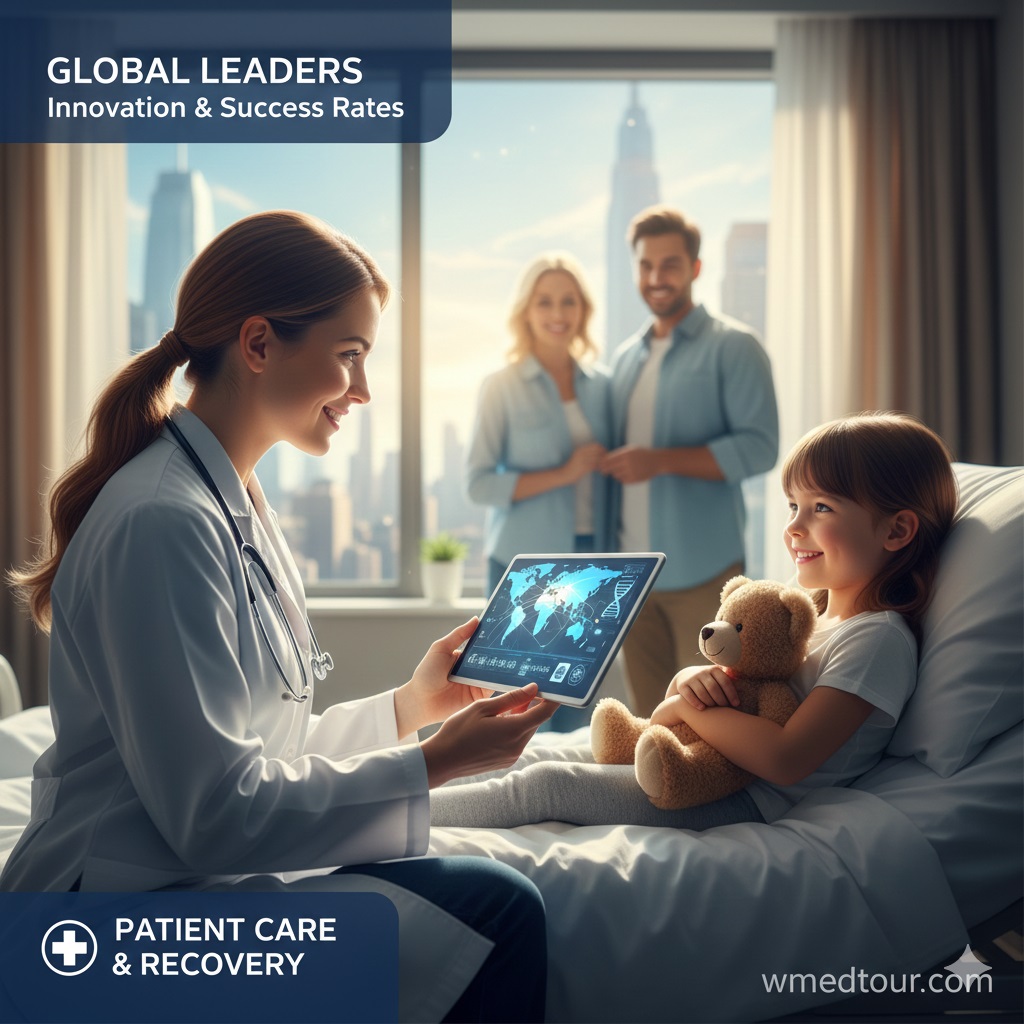 A compassionate female doctor explaining something on a tablet to a young girl holding a teddy bear in a hospital room, with the girl's parents looking on in the background. The text "PATIENT CARE & RECOVERY" is visible.