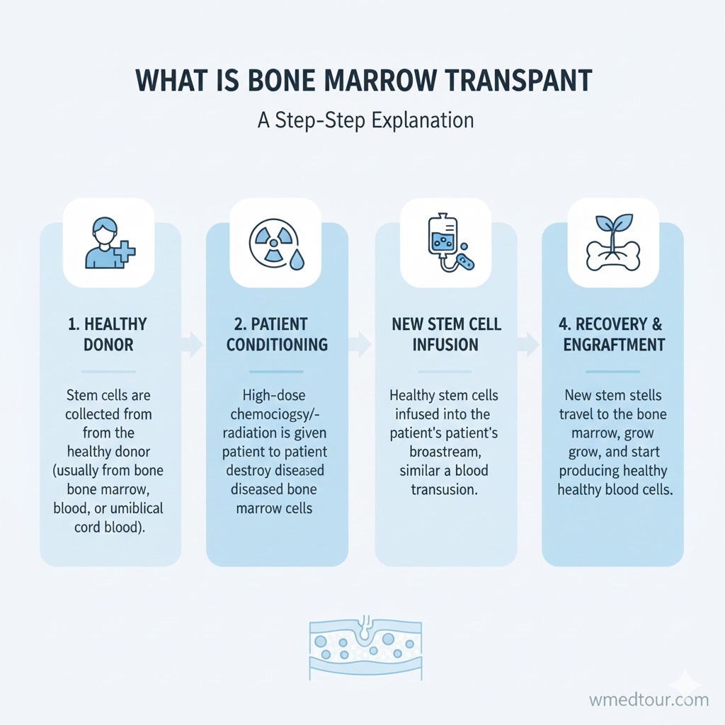 An infographic illustrating the four key steps of a bone marrow transplant: 1. Healthy Donor, 2. Patient Conditioning, 3. New Stem Cell Infusion, and 4. Recovery & Engraftment. Icons represent each stage.