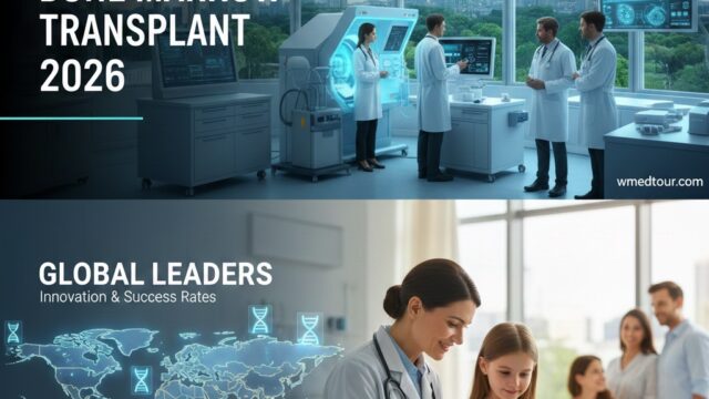 A modern hospital interior with a team of doctors reviewing medical data, overlaid with the text "Top Countries for Bone Marrow Transplant 2026". A small watermark of "wmedtour.com" is visible.
