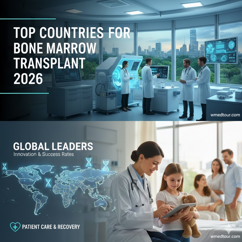 A modern hospital interior with a team of doctors reviewing medical data, overlaid with the text "Top Countries for Bone Marrow Transplant 2026". A small watermark of "wmedtour.com" is visible.