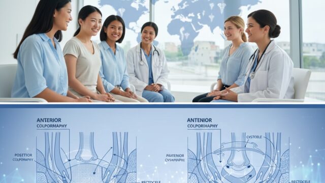 Highly skilled female surgeon and medical team performing Colporrhaphy (vaginal wall repair) using advanced surgical technology, shown alongside a 3D anatomical diagram illustrating the pelvic floor disorder correction.
