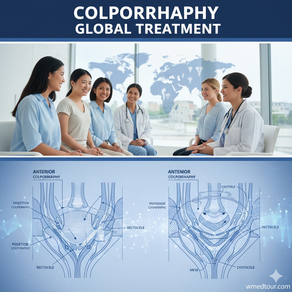Highly skilled female surgeon and medical team performing Colporrhaphy (vaginal wall repair) using advanced surgical technology, shown alongside a 3D anatomical diagram illustrating the pelvic floor disorder correction.