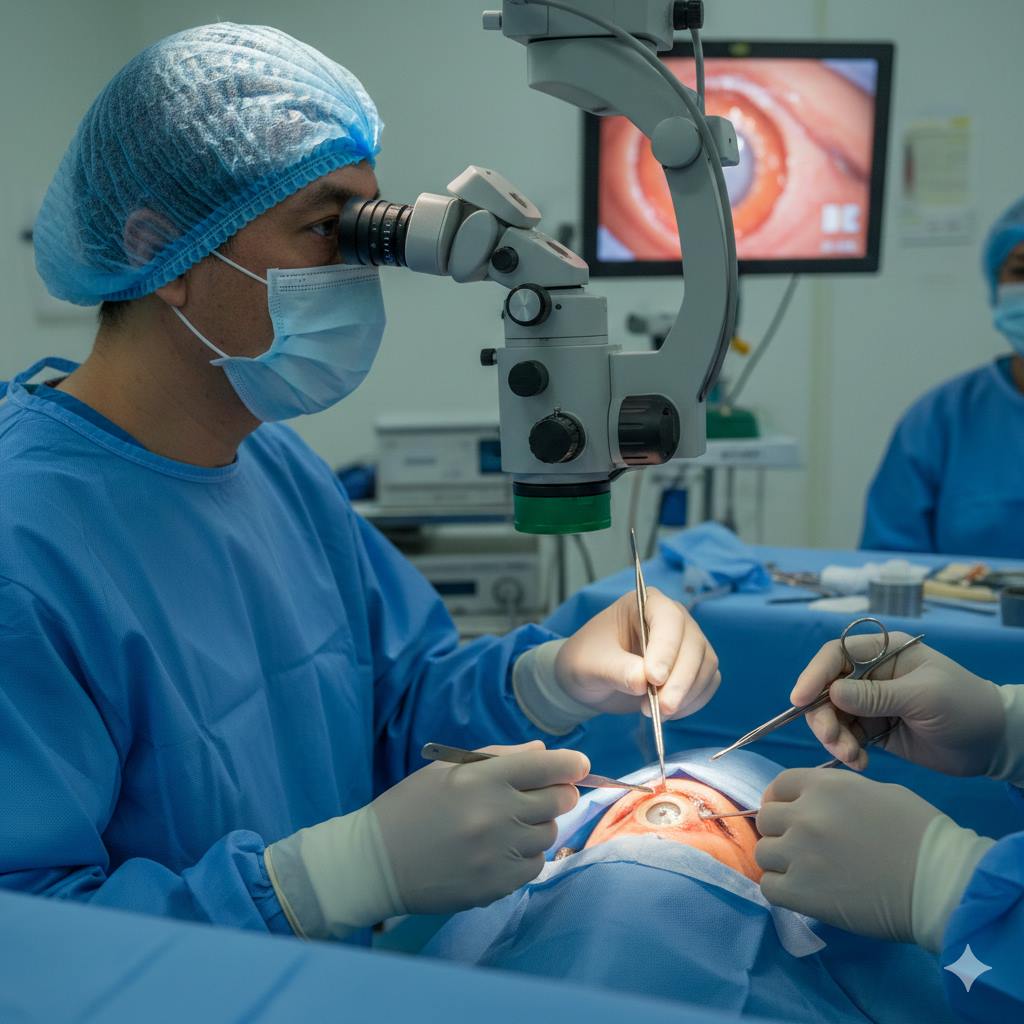 Ophthalmic surgeon, wearing a surgical mask and cap, performing an Extracapsular Cataract Extraction (ECCE) procedure on a patient. The surgeon is looking through a high-powered operating microscope, while their gloved hands use fine instruments near the patient's draped eye. A surgical assistant is visible, and a monitor in the background shows a magnified view of the eye.