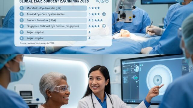 A composite image showing a list of the Top Hospitals for ECCE Surgery 2026 (including Moorfields Eye Hospital and Aravind Eye Care System) ranked globally, positioned above a scene of an ophthalmologist consulting with a smiling patient about the procedure. The bottom right corner features a "wmedtour.com" watermark.