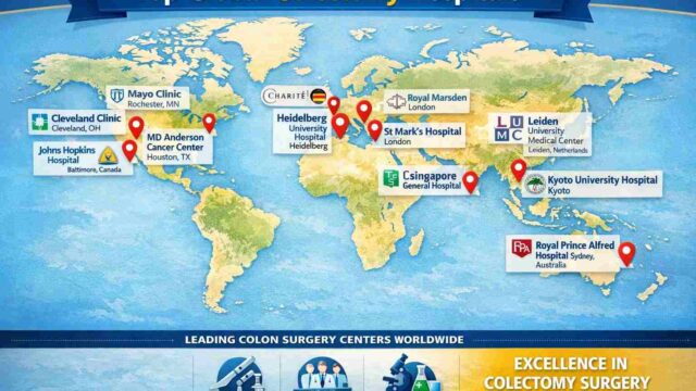 World map highlighting top global hospitals for colectomy surgery, with markers on major cities in the USA, Europe, Asia, Canada, and Australia, showing excellence in colon surgery, multidisciplinary care, and research.