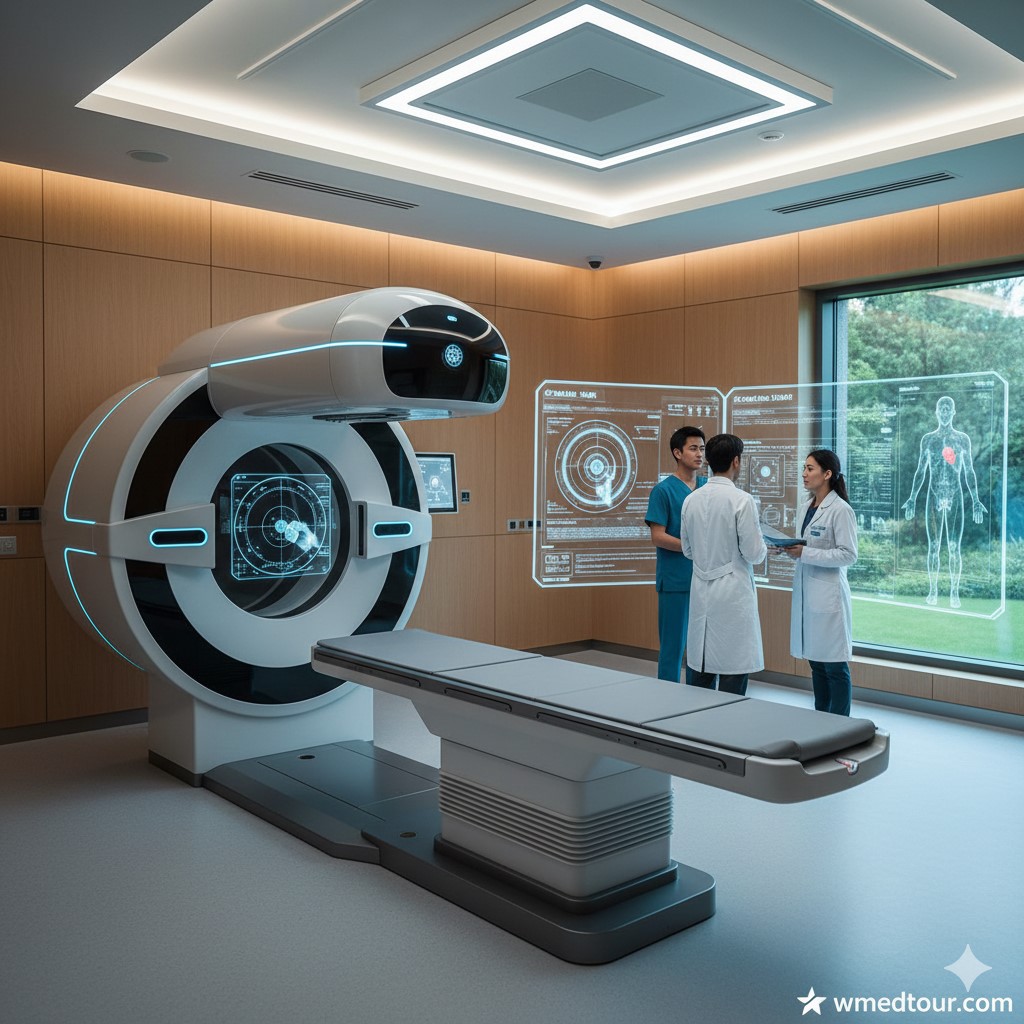 Advanced technology at the best hospitals for cancer second opinion abroad, showing doctors reviewing data for a patient’s treatment plan.