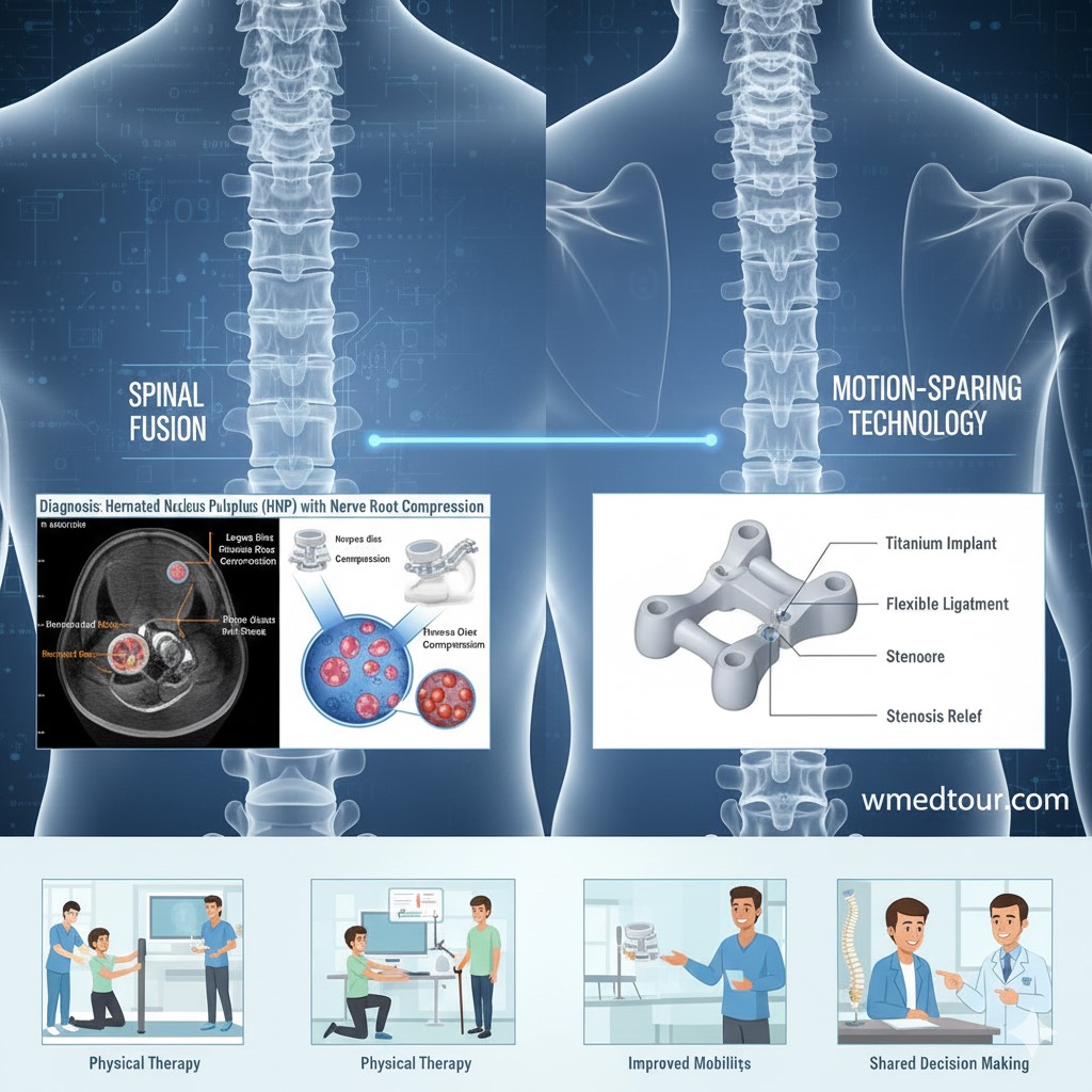 A composite medical diagram comparing Spinal Fusion using rigid metal rods and screws to Motion-Sparing Technology (Artificial Disc Replacement). The bottom row includes insets showing MRI diagnosis (herniated disc), physical therapy, improved mobility, and an active lifestyle, emphasizing the benefits of non-fusion techniques.