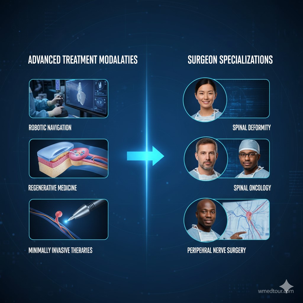 Composite image showing a surgeon in an operating room using a robotic navigation system for spine surgery, alongside a separate inset highlighting a minimally invasive surgical (MIS) access portal, symbolizing advanced treatment modalities.