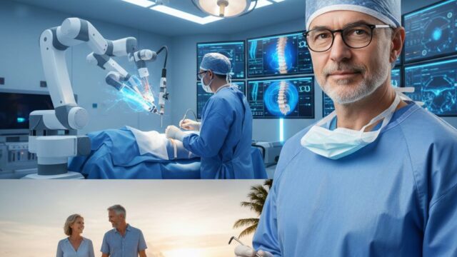 Robotic spine surgery with a world-renowned orthopedic surgeon and a couple walking on a beach after successful treatment, emphasizing advanced care and life-changing results in 2026.