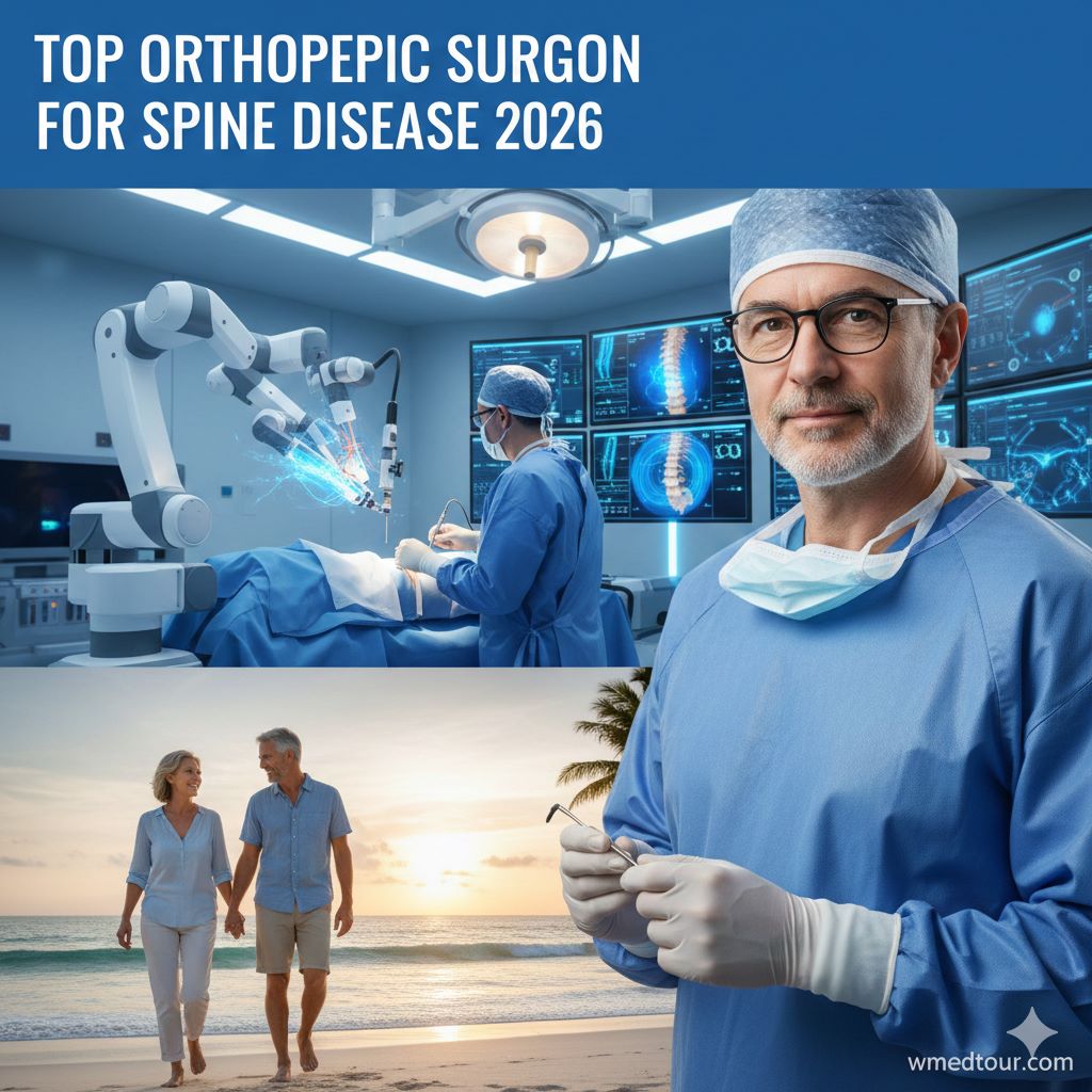 Robotic spine surgery with a world-renowned orthopedic surgeon and a couple walking on a beach after successful treatment, emphasizing advanced care and life-changing results in 2026.