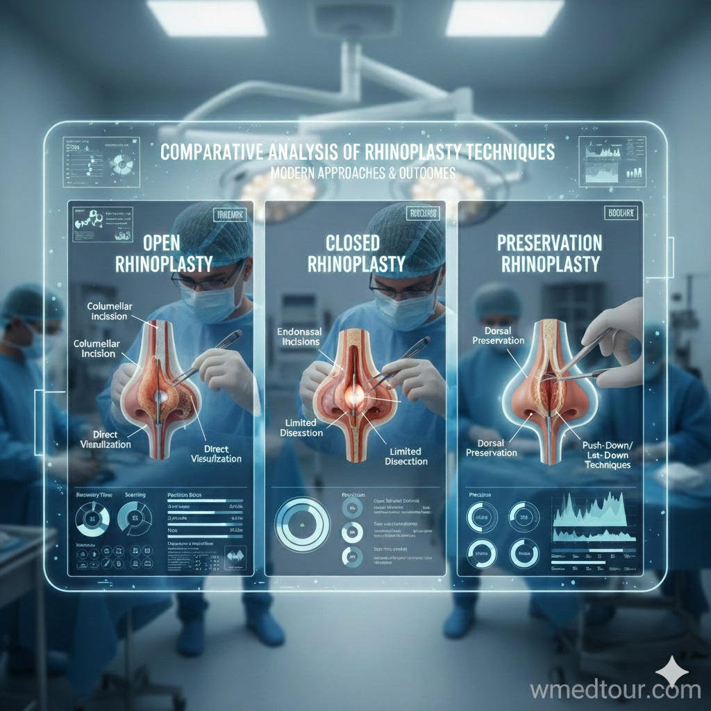 Luxurious consultation office overlooking the Tehran skyline at sunset, paired with a high-tech surgical team reviewing a 3D nasal anatomy model, symbolizing top-tier rhinoplasty expertise in Tehran for 2026.
