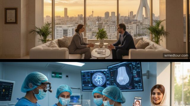 Luxurious modern clinic office in Tehran with a view of the city skyline at sunset, featuring a doctor and patient discussing rhinoplasty; includes text 'TOP RHINOPLASTY SURGEONS TEHRAN 2026' and a detailed surgical team analyzing a 3D nose model on a futuristic screen.