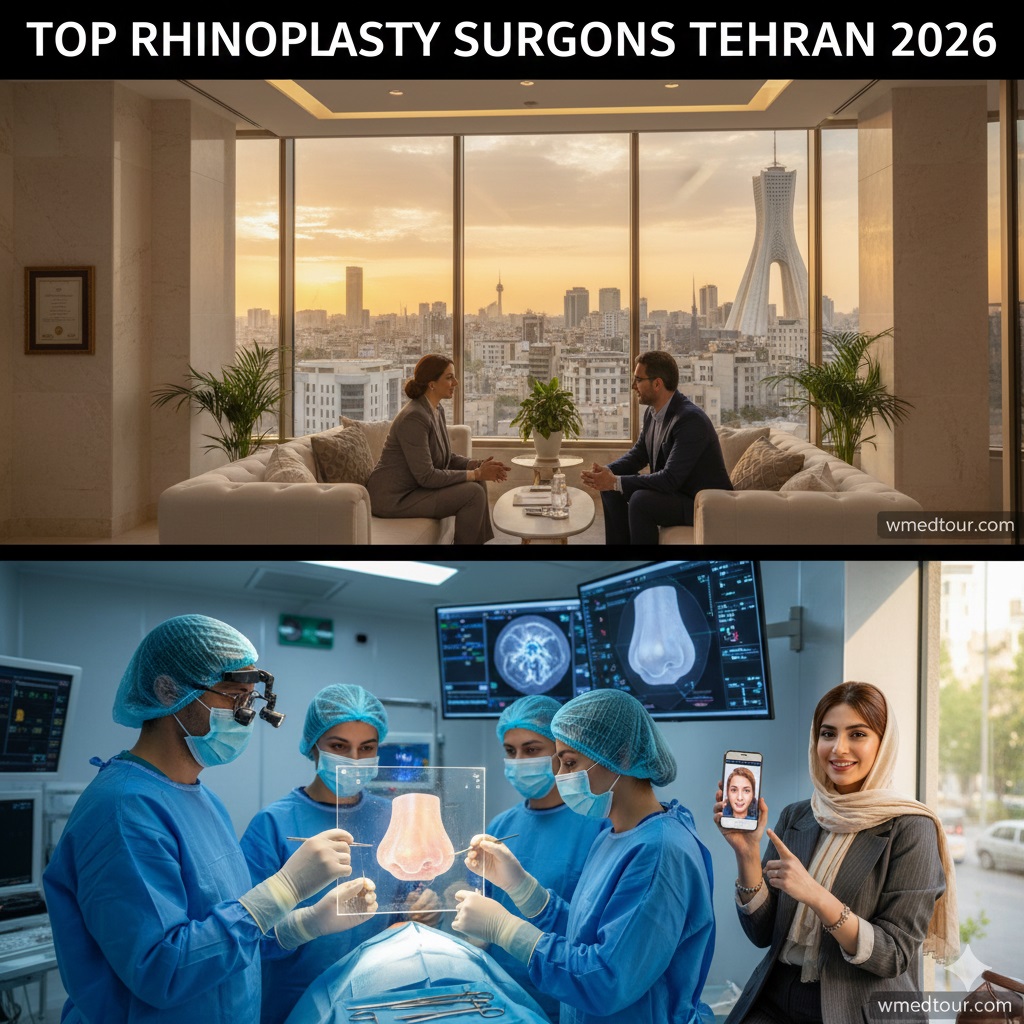 Luxurious modern clinic office in Tehran with a view of the city skyline at sunset, featuring a doctor and patient discussing rhinoplasty; includes text 'TOP RHINOPLASTY SURGEONS TEHRAN 2026' and a detailed surgical team analyzing a 3D nose model on a futuristic screen.