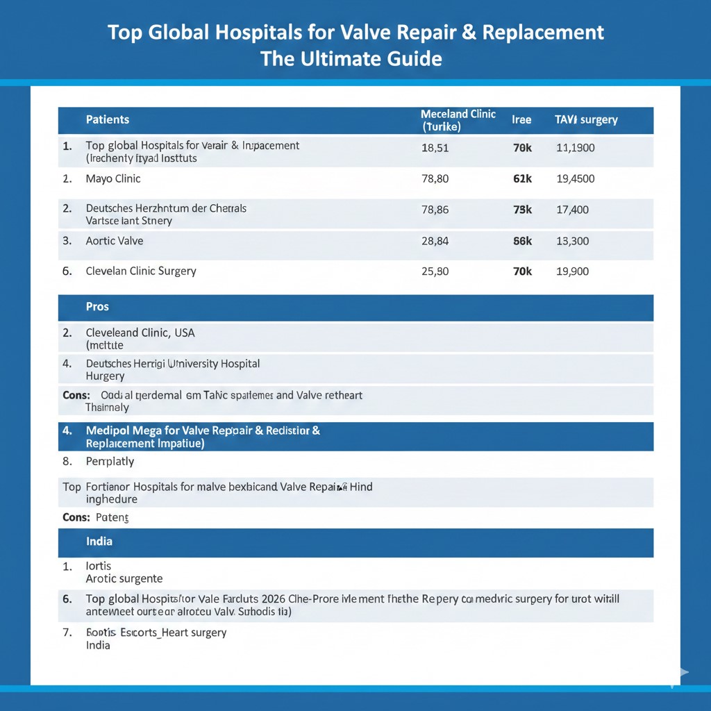 A detailed comparison chart of the top global hospitals for valve repair & replacement in 2026, showing key metrics for Mayo Clinic, Cleveland Clinic, Deutsches Herzzentrum, and Medipol Mega across the USA, Turkey, Germany, and India