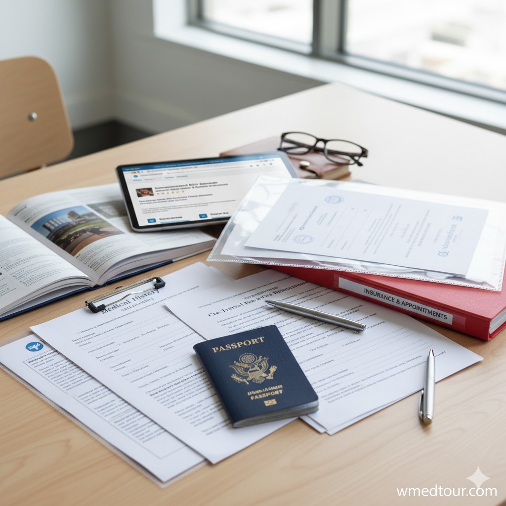 A United States passport rests on a desk surrounded by various medical history forms, travel documentation, an open binder labeled 'Insurance & Appointments,' a pen, eyeglasses, and a digital tablet, symbolizing pre-travel preparation.