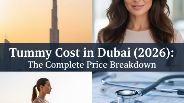 A four-panel image featuring the Burj Khalifa at sunset, a confident woman, a woman exercising on a balcony, and a stethoscope resting on medical documents, with the text: 'Tummy Tuck Cost in Dubai (2026): The Complete Price Breakdown'.