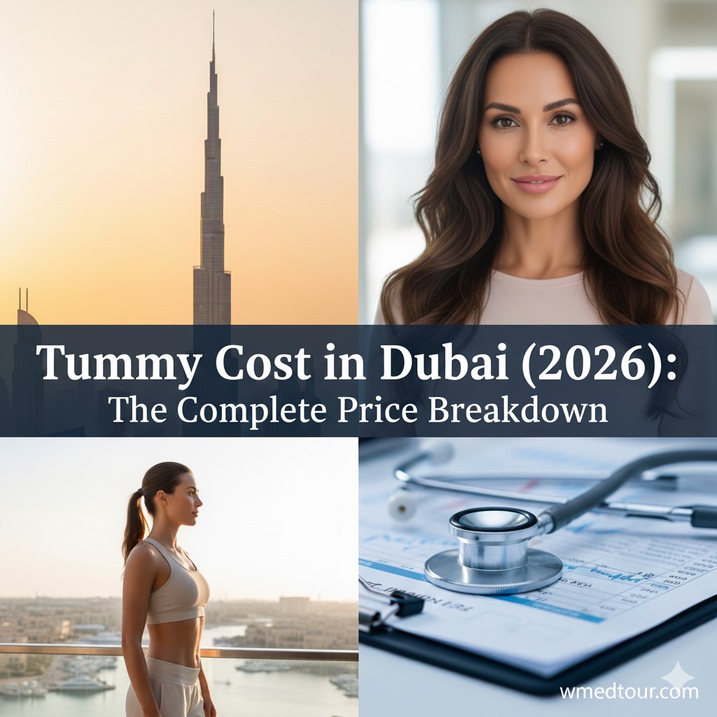 A four-panel image featuring the Burj Khalifa at sunset, a confident woman, a woman exercising on a balcony, and a stethoscope resting on medical documents, with the text: 'Tummy Tuck Cost in Dubai (2026): The Complete Price Breakdown'.