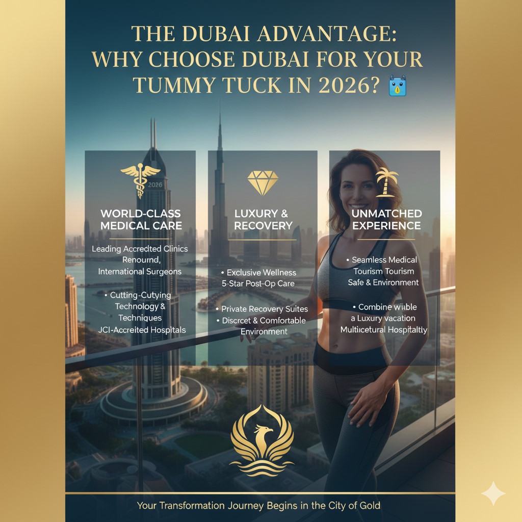 A wide-angle shot of a futuristic medical clinic interior in Dubai with floor-to-ceiling windows showing the Burj Khalifa, emphasizing the blend of advanced healthcare and luxury.