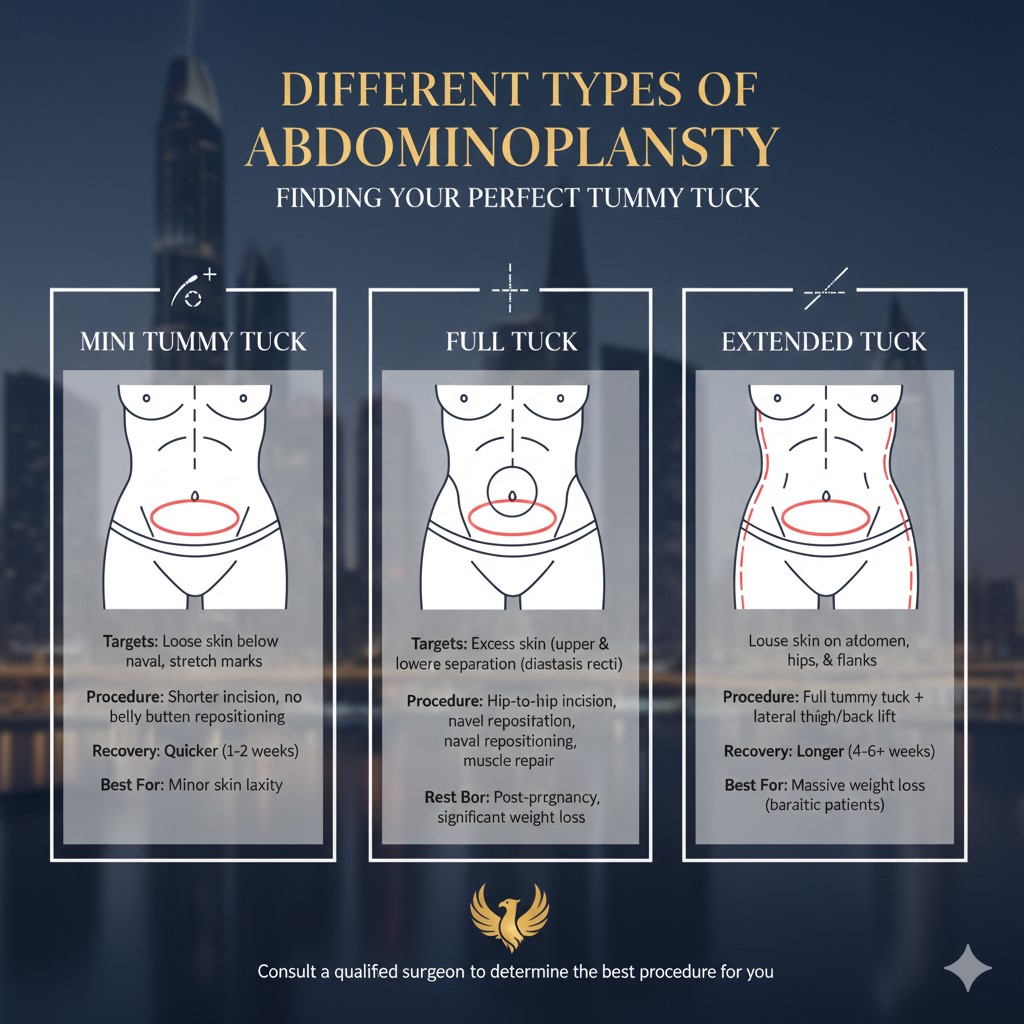 A set of four medical illustrations or icons representing Mini, Full, Extended, and Fleur-de-Lis tummy tuck procedures, highlighting where the incisions are placed and which areas of the abdomen are treated.