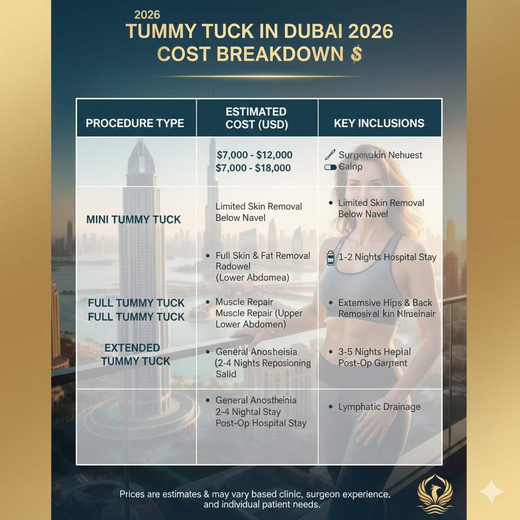 A detailed price comparison chart for Mini, Full, and Extended Tummy Tuck procedures in Dubai for 2026, featuring icons for anesthesia, hospital stay, and aftercare.