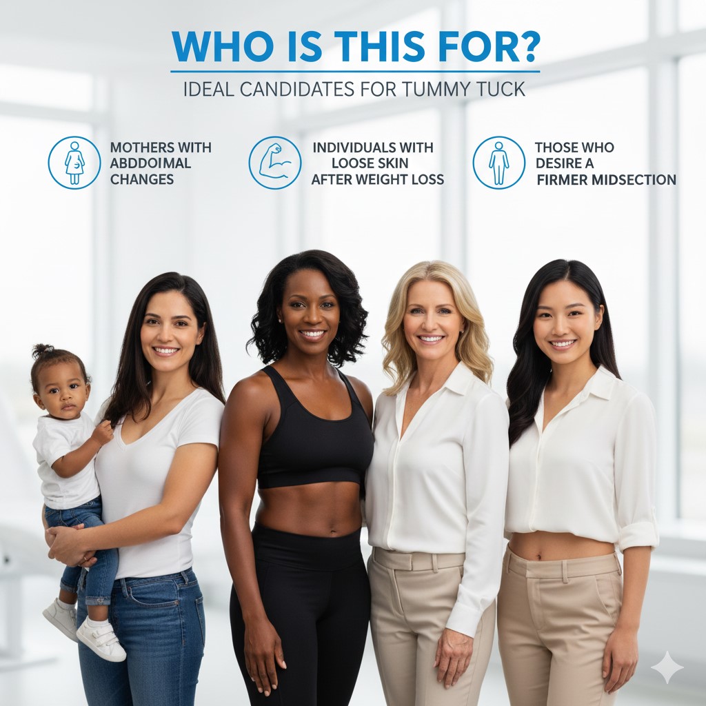 Illustration of a fit, healthy-looking woman in her 30s or 40s wearing athletic wear. She is positioned to look realistic but well-maintained, representing the ideal candidate who is at a stable weight but still deals with stubborn loose skin or muscle separation, often after pregnancy or significant weight loss. The image conveys health and realistic expectations rather than immediate pre-surgery appearance.