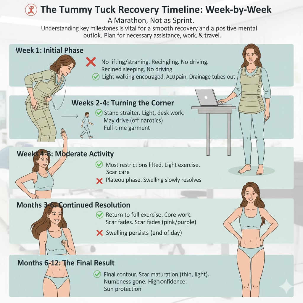 A visual timeline illustrating the Tummy Tuck recovery process over 12 months. Week 1 shows the patient bent over, wearing a full compression garment, with restrictions like no driving or lifting. Weeks 2-4 show the patient standing straighter and working lightly on a laptop. Weeks 4-8 show the patient preparing for light exercise. Months 3-6 show continued resolution and scar fading. Months 6-12 show the final result: a confident woman with a resolved contour and mature, light scarring.