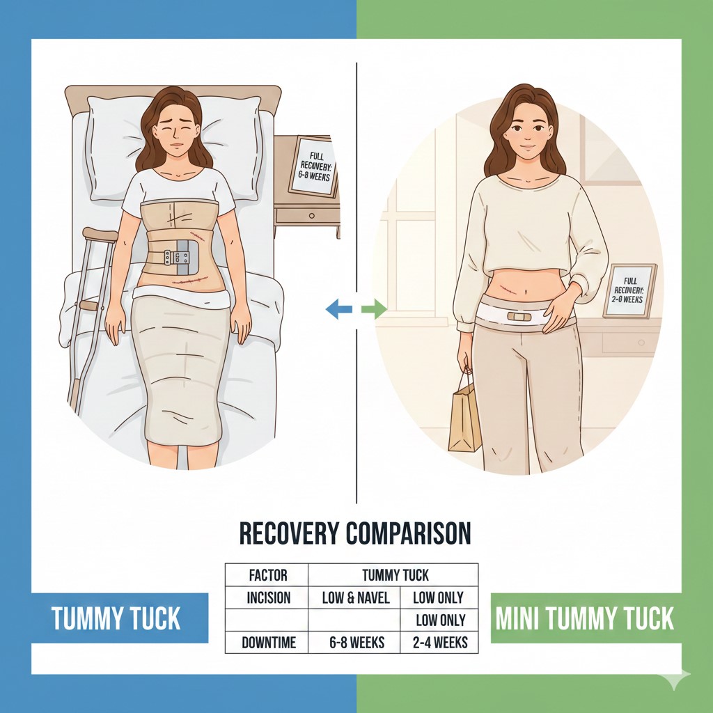 Illustration comparing the recovery for a full Tummy Tuck (left) and a Mini Tummy Tuck (right). The Tummy Tuck patient is lying in bed with a full abdominal compression garment, requiring 6-8 weeks for full recovery. The Mini Tummy Tuck patient is standing, wearing a smaller lower-abdominal garment, with a recovery time of 2-4 weeks. A comparison table highlights that a full Tummy Tuck involves a low and navel incision and 6-8 weeks downtime, while a Mini Tummy Tuck involves a low-only incision and 2-4 weeks downtime.