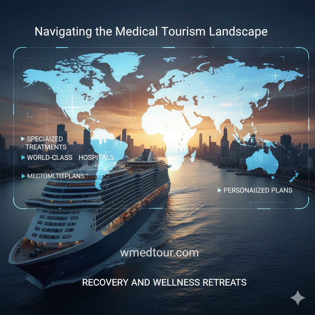 A digital infographic overlaying a world map and medical service text onto a large cruise ship sailing into a city skyline at sunset. The text highlights specialized treatments, world-class hospitals, and personalized wellness plans.