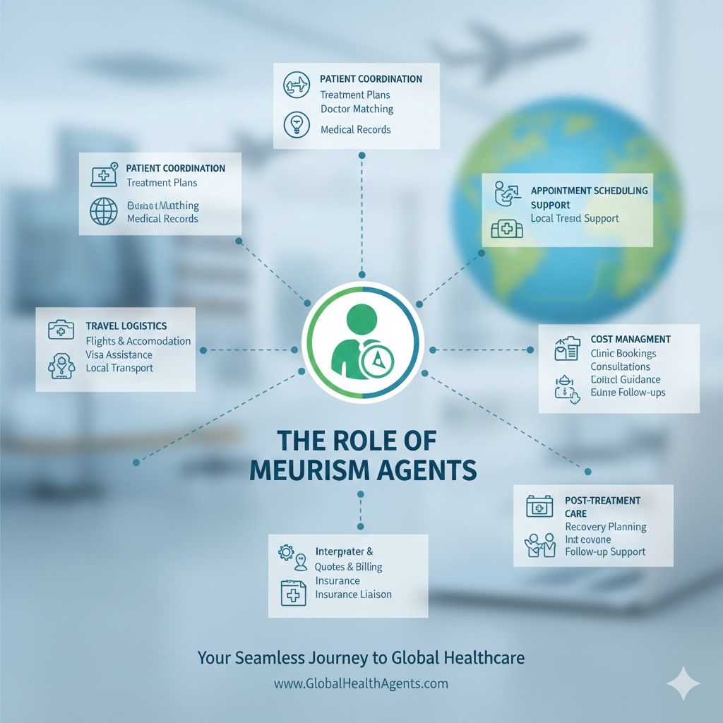 An infographic titled "The Role of Medical Tourism Agents" showing a central agent icon connected to six service hubs: Patient Coordination, Appointment Scheduling, Cost Management, Post-Treatment Care, Travel Logistics, and Language/Insurance Liaison. A blurred globe and medical office are in the background.