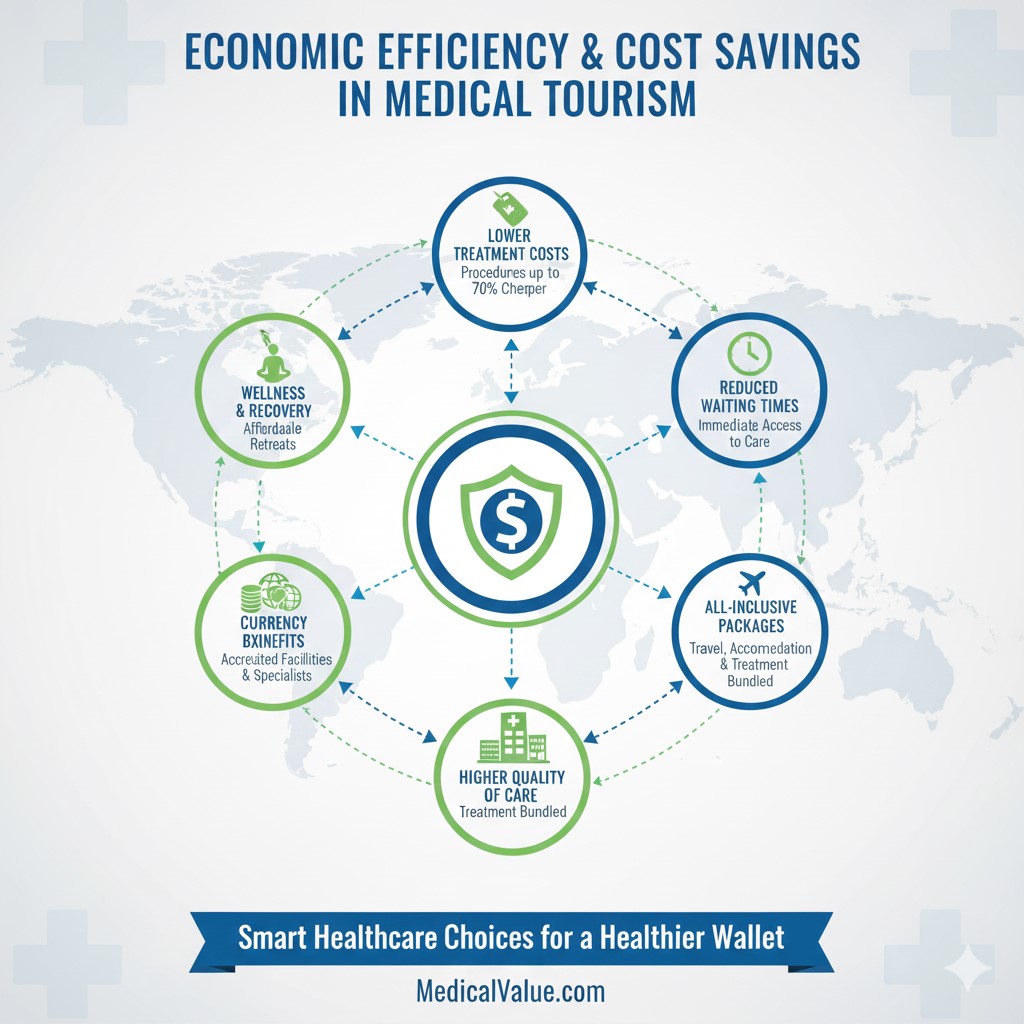 A professional infographic illustrating the economic benefits of medical tourism. It features a comparison between domestic healthcare costs and international savings, highlighting factors like lower operational costs, exchange rates, and bundled medical packages.