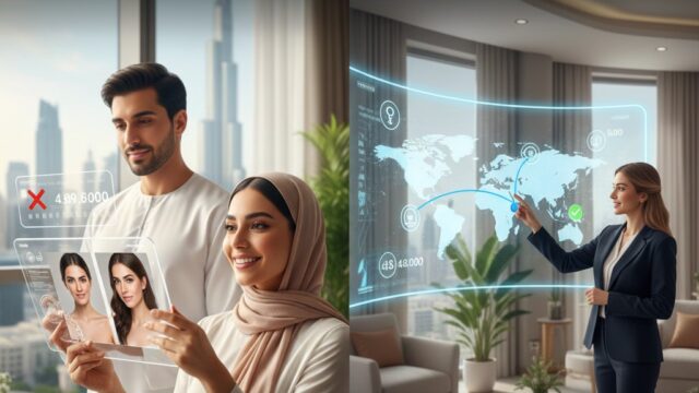 A man and woman in traditional attire looking at digital aesthetic results with a medical consultant pointing to a global healthcare map in a luxury Dubai setting.