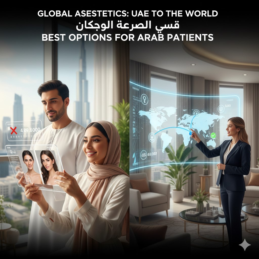 A man and woman in traditional attire looking at digital aesthetic results with a medical consultant pointing to a global healthcare map in a luxury Dubai setting.