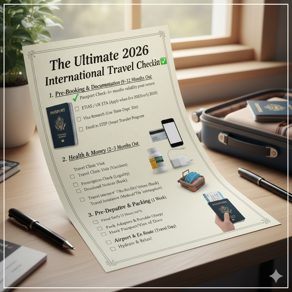 An infographic guide for U.S. travelers in 2026. It features sections for Europe's new ETIAS and UK ETA rules, a list of major visa-required countries like Brazil, and regional breakdowns for Asia, Africa, and the Middle East. It includes a key tip regarding the "6-month passport validity" rule.