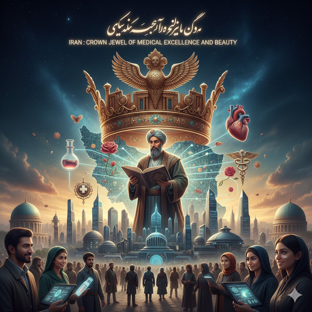 A conceptual illustration featuring a giant golden Achaemenid-style crown hovering over a map of Iran. In the center, the philosopher-physician Ebn Sina (Avicenna) holds an ancient manuscript. The background transitions from ancient Persian domes and the Faravahar symbol to a glowing, futuristic city skyline. Medical icons like a human heart, chemical flasks, and caduceus symbols float in the air, while modern Iranian medical professionals and citizens stand in the foreground using digital tablets.