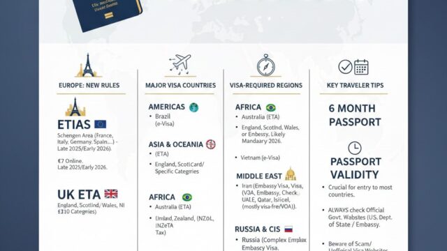 An infographic guide for U.S. travelers in 2026. It features sections for Europe's new ETIAS and UK ETA rules, a list of major visa-required countries like Brazil and China, regional breakdowns for Africa and the Middle East, and essential tips regarding the 6-month passport validity rule.