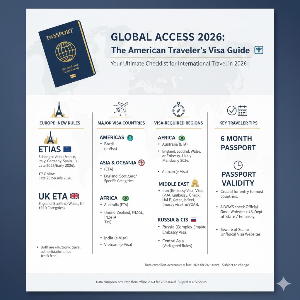 An infographic guide for U.S. travelers in 2026. It features sections for Europe's new ETIAS and UK ETA rules, a list of major visa-required countries like Brazil and China, regional breakdowns for Africa and the Middle East, and essential tips regarding the 6-month passport validity rule.