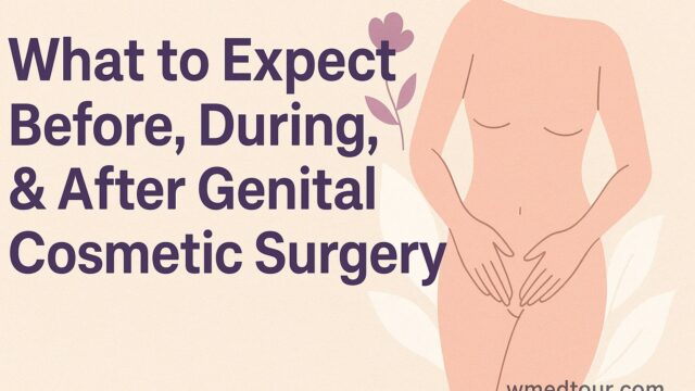 Abstract medical wellness illustration for genital cosmetic surgery guide with soft colors and wmedtour.com watermark