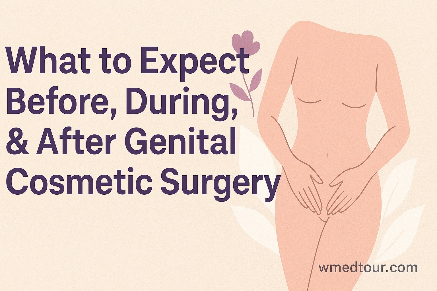 Abstract medical wellness illustration for genital cosmetic surgery guide with soft colors and wmedtour.com watermark