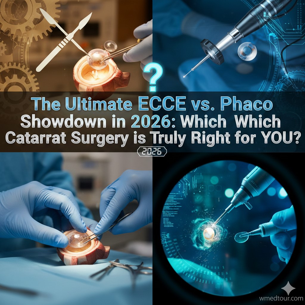 A four-panel image promoting a comparison of ECCE and Phacoemulsification cataract surgery. The panels show surgical instruments and close-ups of eye models or procedures, including a surgical knife, forceps, and a phaco handpiece. The central text reads: "The Ultimate ECCE vs. Phaco Showdown in 2026: Which Cataract Surgery is Truly Right for YOU?"