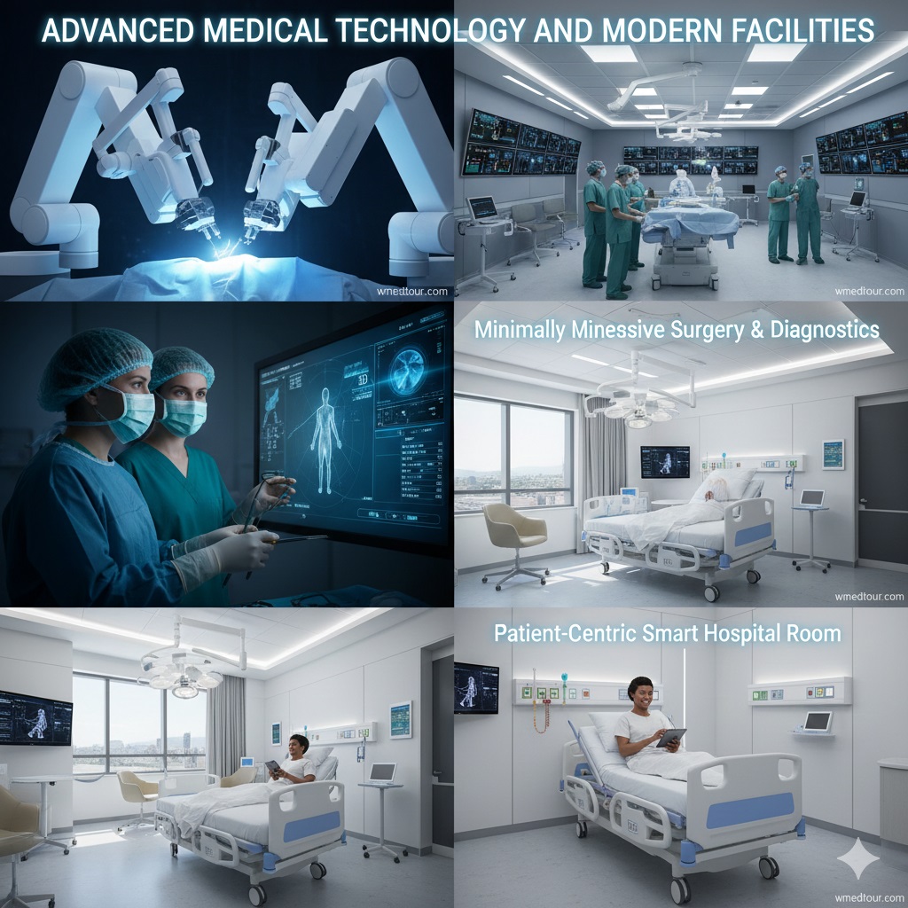 High-tech operating room with advanced surgical equipment like robotic arms and digital monitoring screens, symbolizing modern medical facilities in Iran.