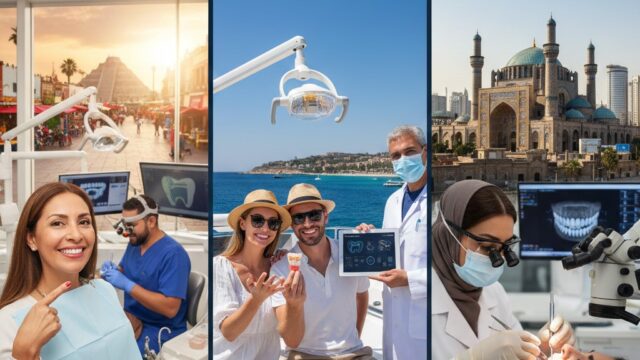 A collage showing dental tourism in 2026 with dental clinics overlooking a Mexican pyramid, a Turkish coastline, and an Iranian mosque, featuring happy patients and modern dental technology.
