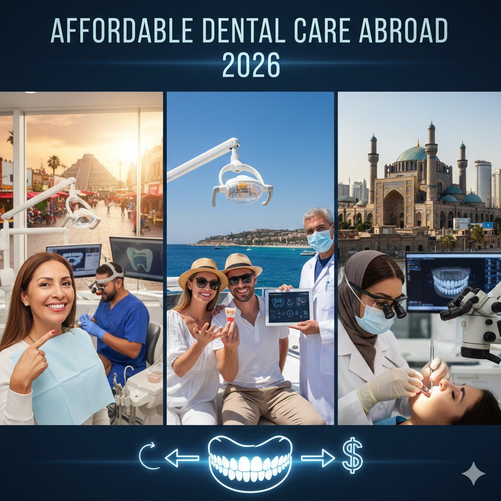 A collage showing dental tourism in 2026 with dental clinics overlooking a Mexican pyramid, a Turkish coastline, and an Iranian mosque, featuring happy patients and modern dental technology.