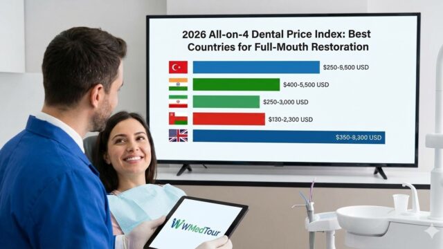 2026 All-on-4 Dental Price Index infographic showing cost savings in Turkey, India, and Iran versus US and UK prices for full mouth restoration.