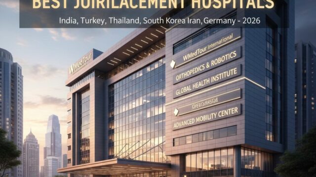 Modern 2026 medical facility exterior titled 'WMedTour International Best Joint Replacement Hospitals' featuring advanced mobility and robotic centers in a sunset urban setting.