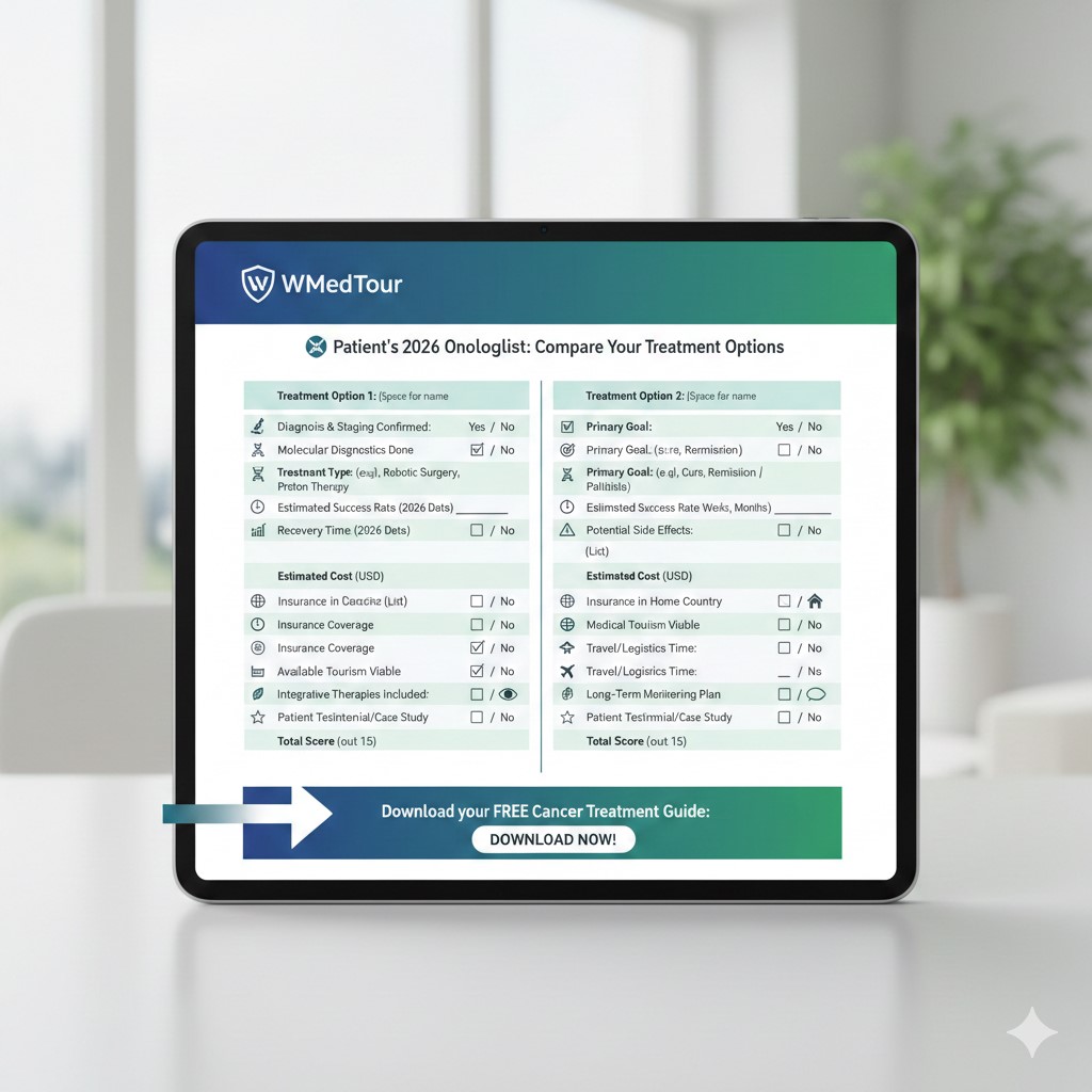 A digital tablet displaying the WMedTour 2026 Cancer Treatment Comparison Checklist for patients, featuring molecular diagnostics, robotic surgery, and cost analysis categories.